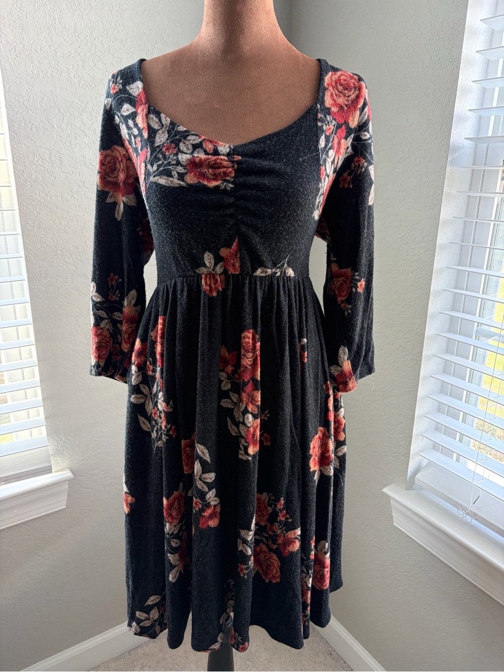 torrid Black Floral Long-Sleeve Fit & Flare Dress with Red Roses